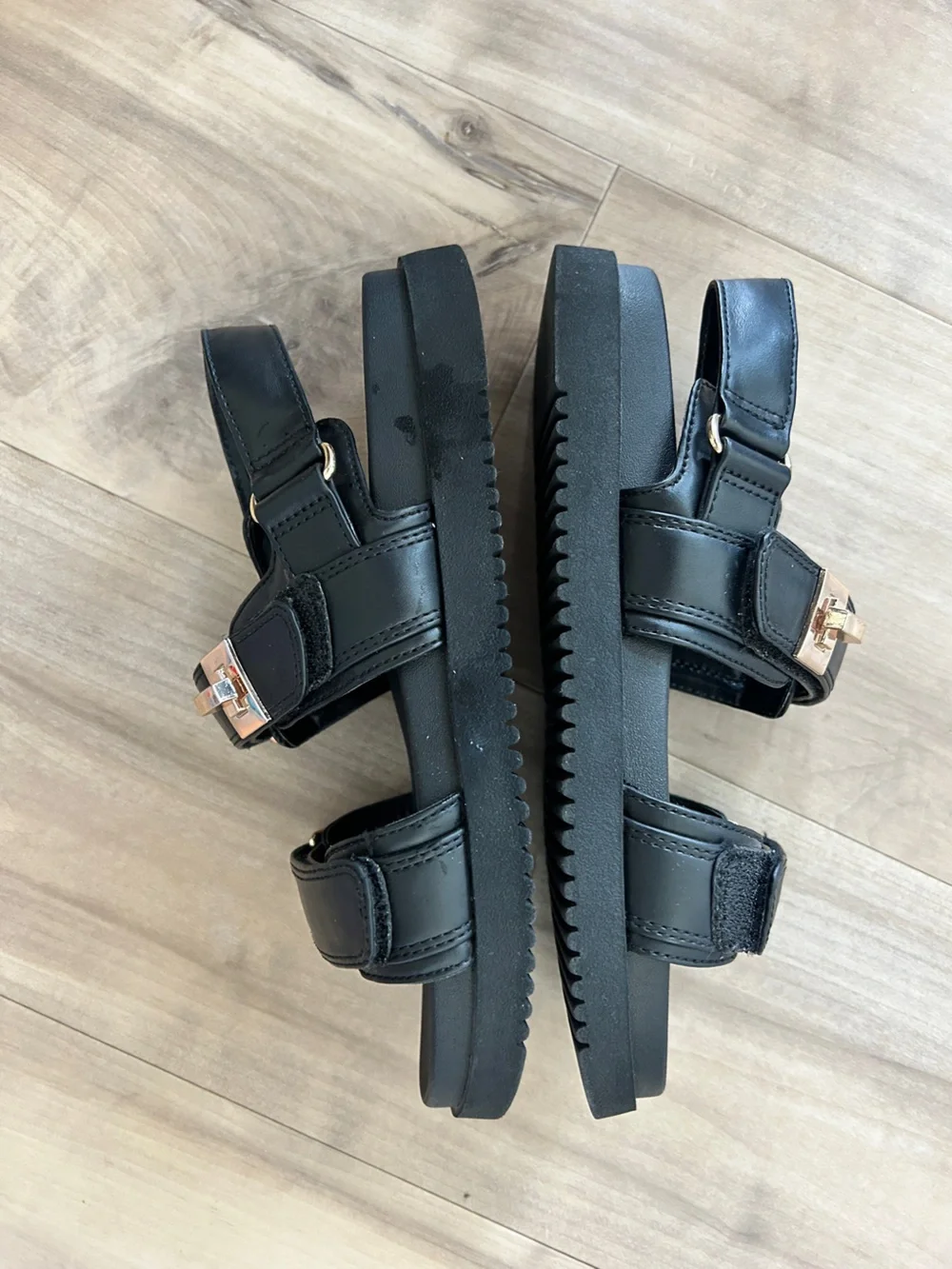 a new day Black Leather Double-Strap Sandals with Gold Buckles